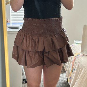 Dressy Leather Brown Ruffle Mini Skort